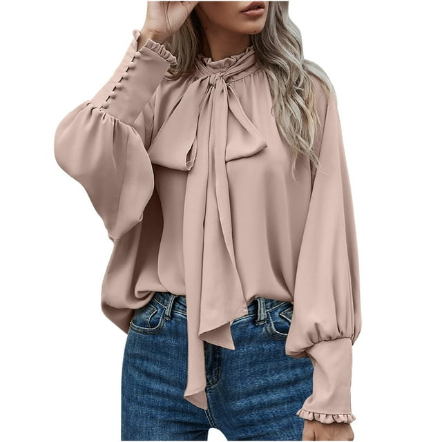 Timegard Hauts Décontractés pour Femmes Col à Volants Nœud Papillon Manches Longues Blouse Ample Confortable