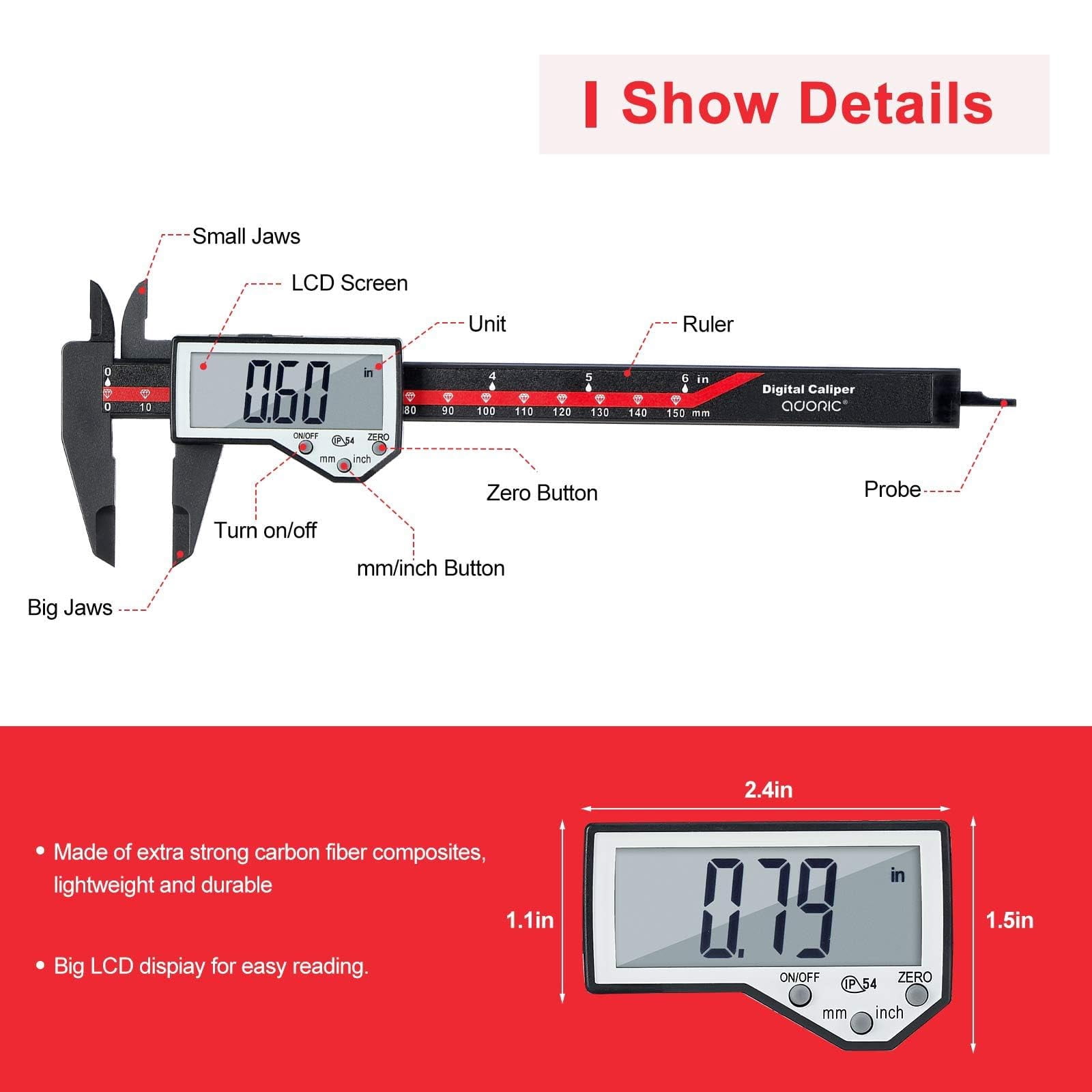 Digital Caliper, 0-6" Calipers Measuring Tool - Electronic Micrometer Caliper with Large LCD Screen, Auto-Off Feature, Inch and Millimeter Conversion
