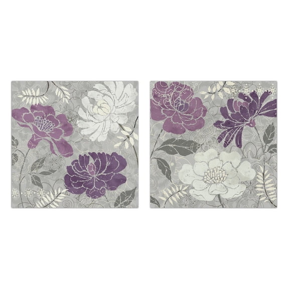 Purple and Gray Stencil Pattern Adult Floral Decor; 2 - 12" x 12" Unframed Posters