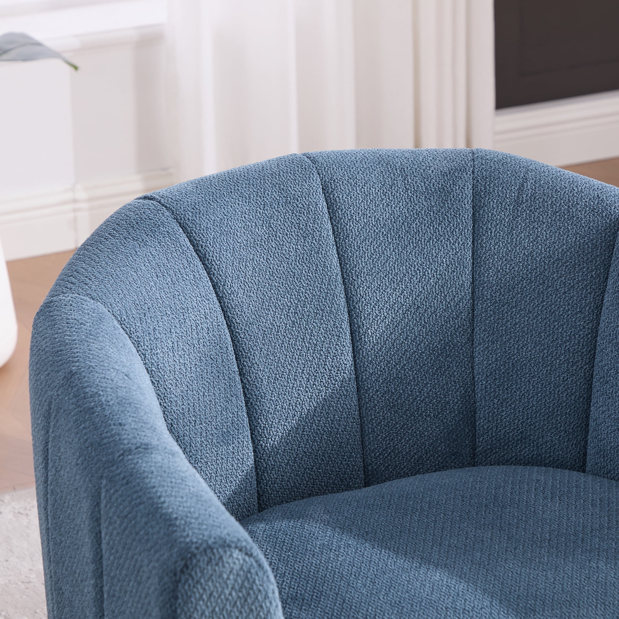 Leumius Swivel Barrel Chair with Solid Wood Base, Comfy Channel Tufted Accent Round Armchair, Single Club Sofa for Living Room Bedroom Reading Nook Corner Apartment, Blue