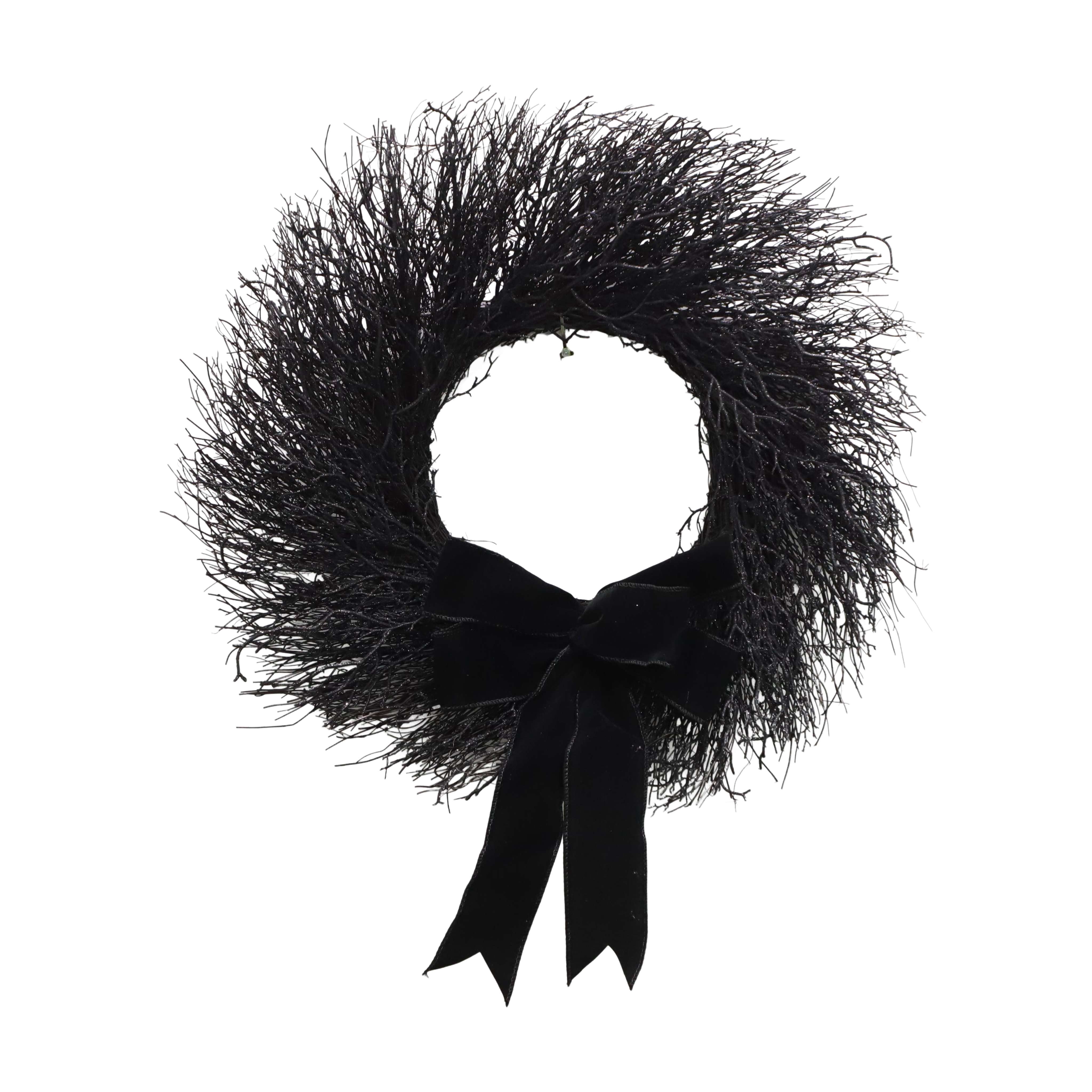 My Texas House Halloween Black Twig Wreath with Bow, 24"