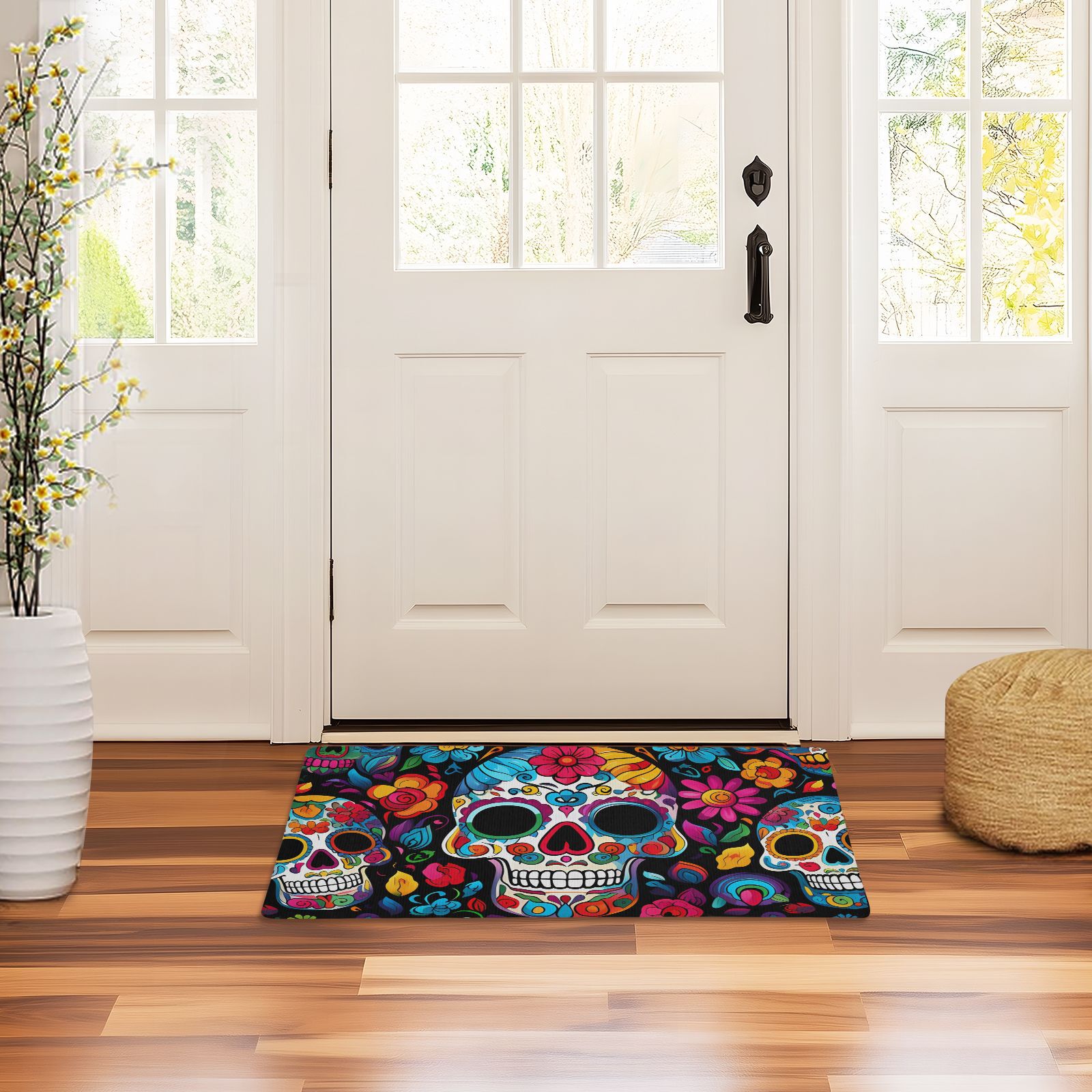JSTEL Sugar Skull Day Of Dead Front Door Mat Outside Entrance 32x20 Inch Doormat for Outdoor Indoor Washable Non Slip Floor Mats