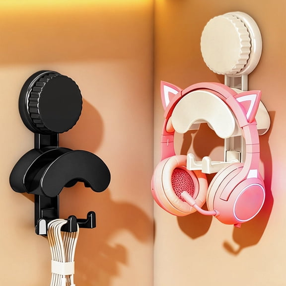 No-Drill Headphone Holder Hook | Wall Mount Earphone Rack | Entryway Bag & Hat Storage | Gray or White Plastic | Space Saving Rotary Suction Cup Organizer