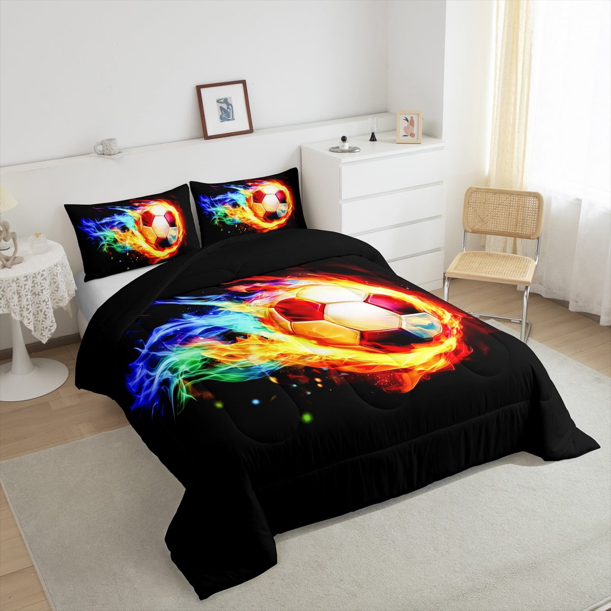 jejeloiu Sports Football Queen Comforter Set,Soccer Game Bedding Sets,Colorful Flame Bedding Comforter Set For Children,Super Cozy Bedroom Decor Reversible,3 Pieces
