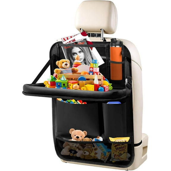 Car Backseat Organizer with Tablet Holder, 6 Storage Pockets Foldable Table Tray Seat Back Protectors Kick Mats Travel Accessories, 1 Pack Black
