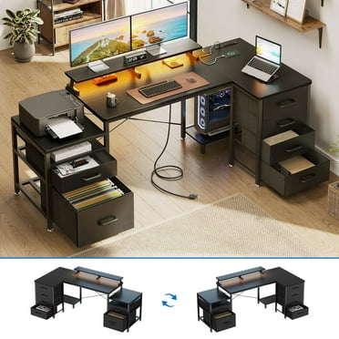 Casacomoda Home Office L Shape Desk with Monitor Shelf and Power Outlet, Black