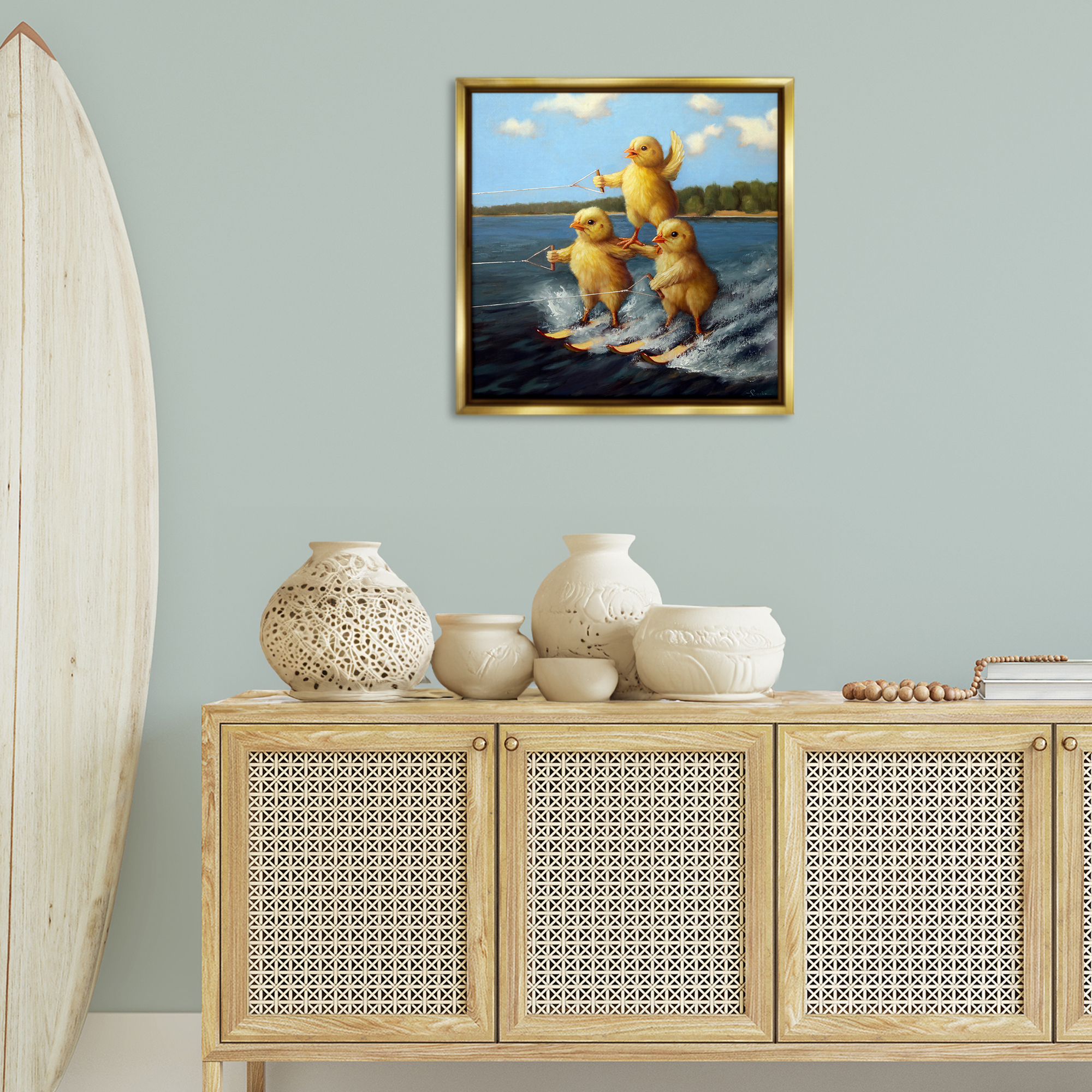 Stupell Industries Water Skiing Chicks Coastal Painting Gold Floater Framed Canvas Art Print Wall Art, 25 x 25