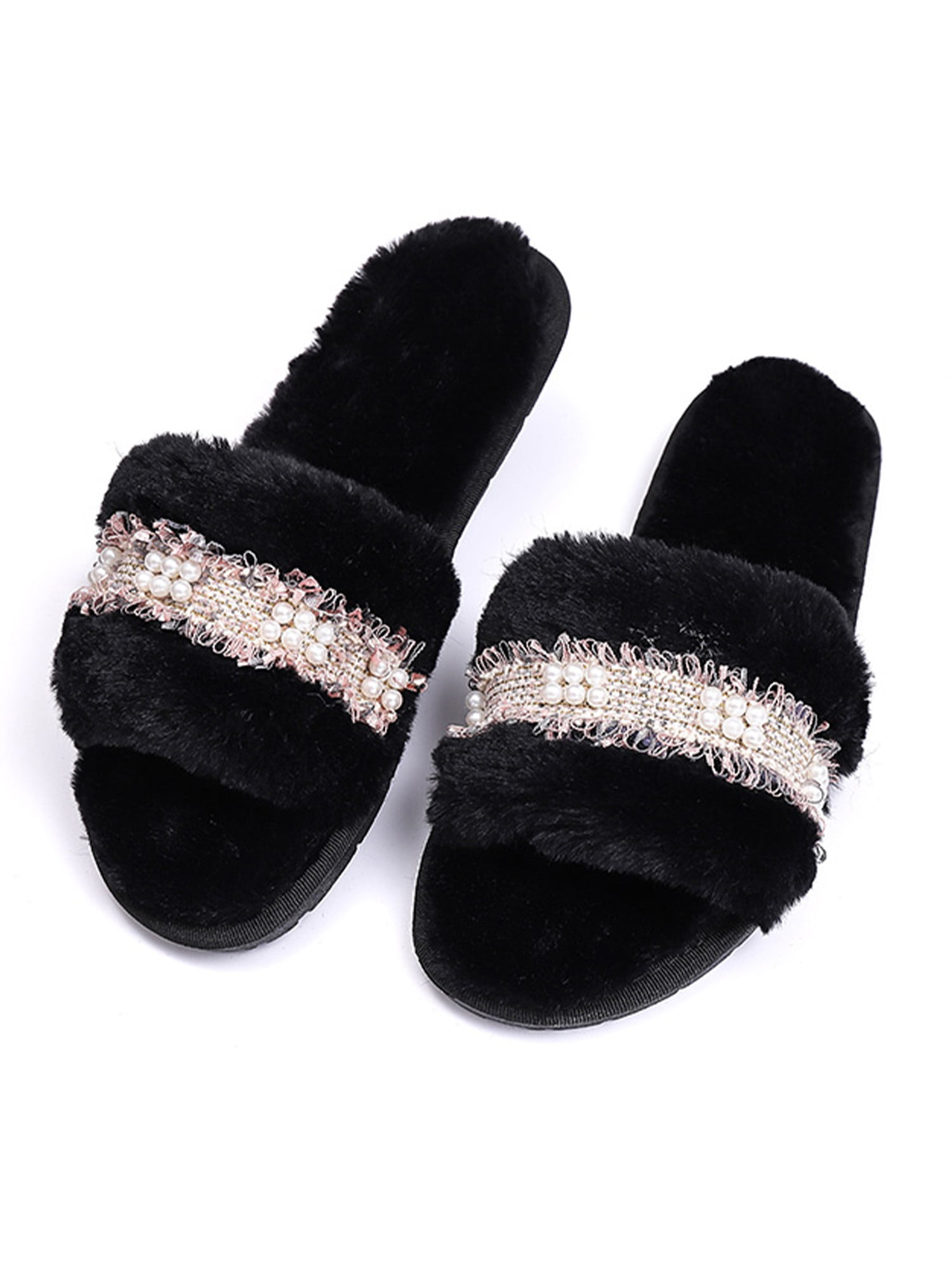 Fluffy Fur Sliders Slippers Slip On Flat Sandals Mules Shoes Womens UK3.5-9Size 