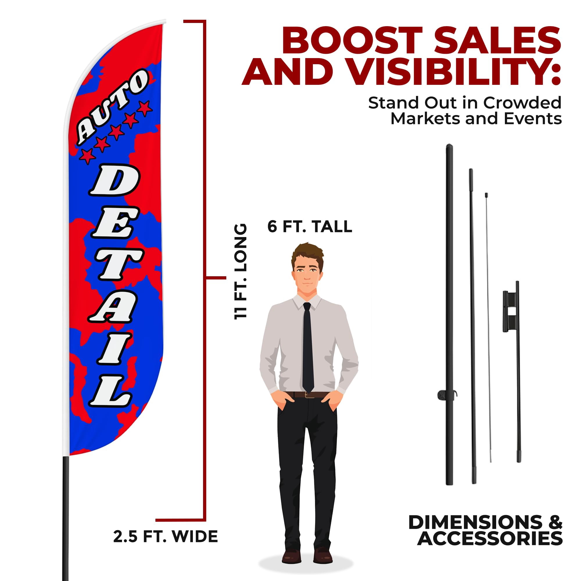 Auto Detail Sign feather flag Pole kit for Outdoor by Mavis Printing | 15 FEET Long Polyester Outdoor Banner Flag Pole Mount Easy Hang | HD Print Swooper Flag to Advertise Car Business