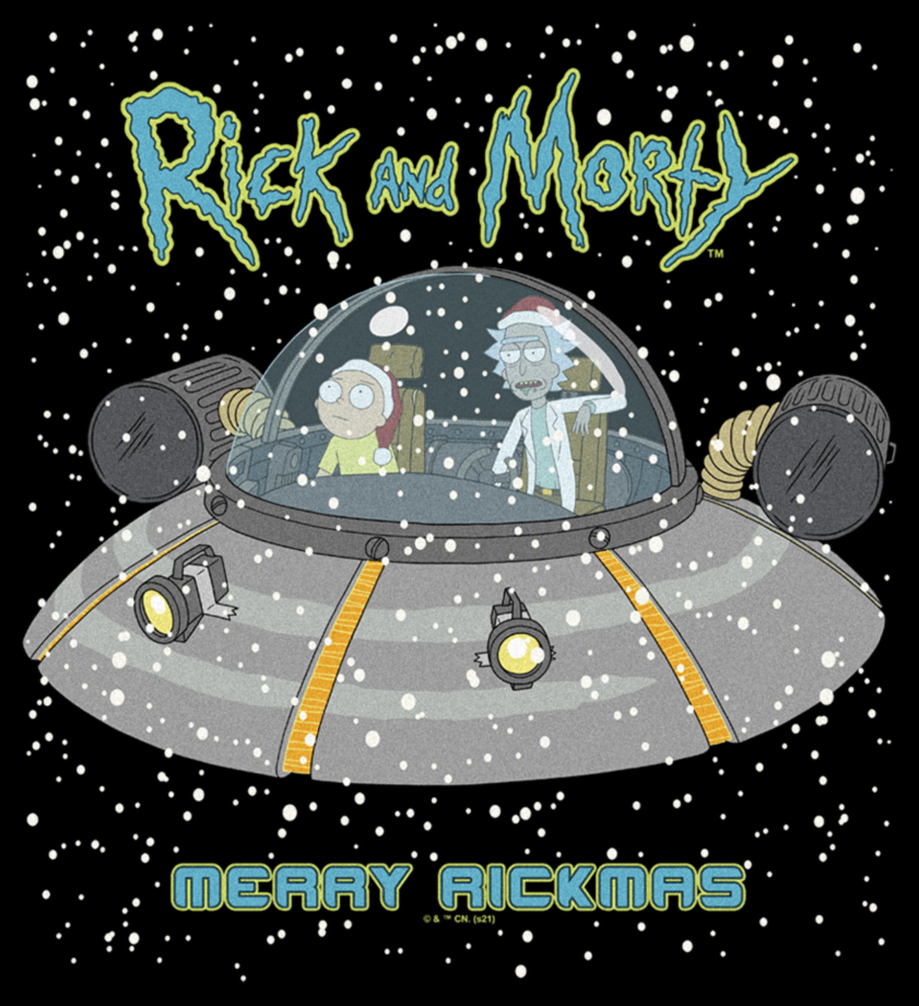 Men's Rick And Morty Snowing Spaceship Merry Rickmas Graphic Tee Black  Small 