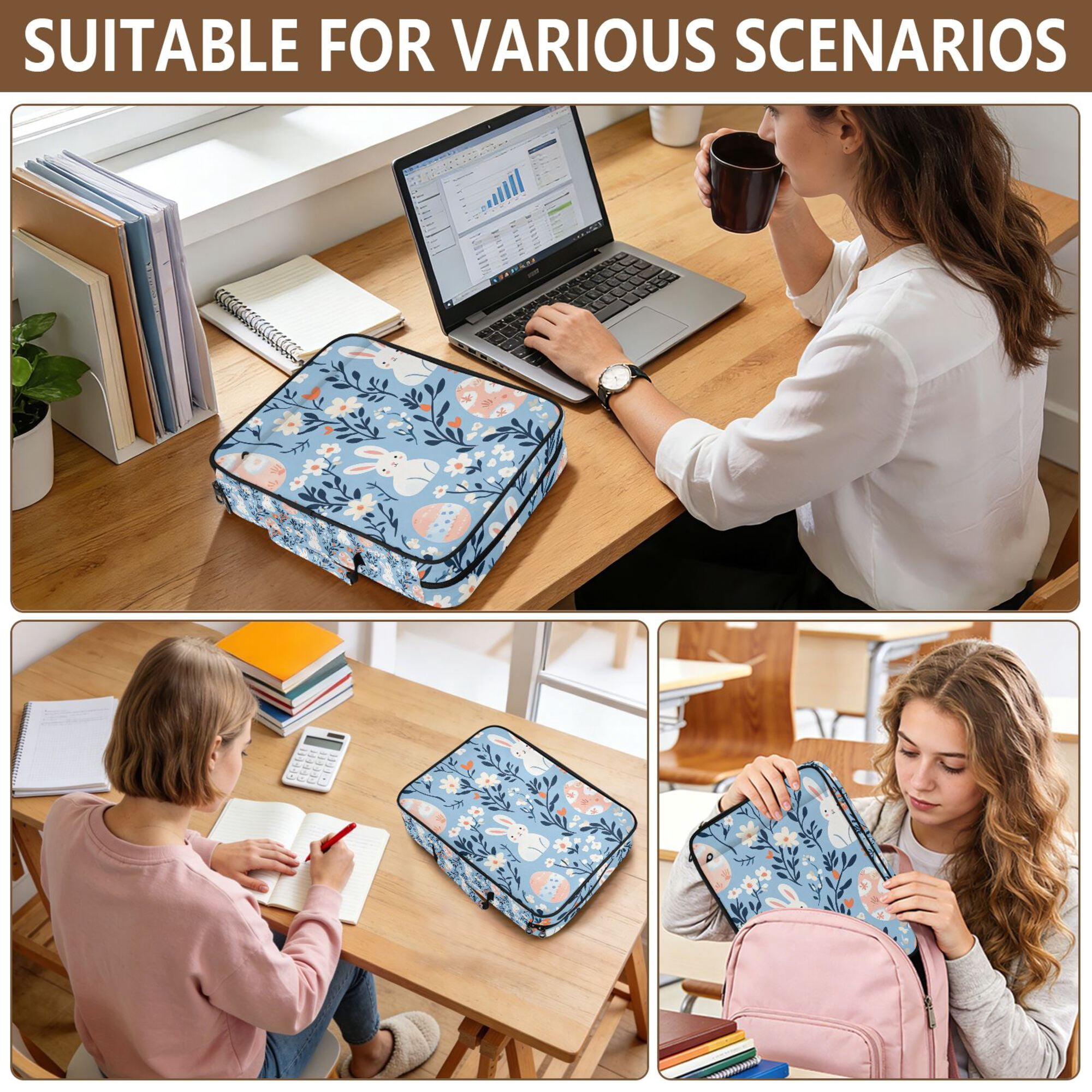 FORMRS Accordion File Folder A4 Size 7-Pocket Expanding Document Organizer Bag with 3 Ring Binder, Floral Easter Rabbits
