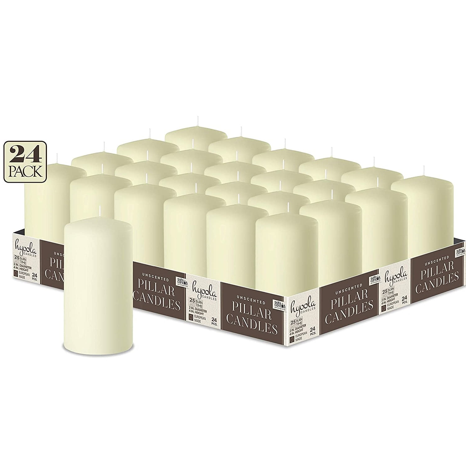 HYOOLA Unscented Smokeless 2x4 inch Ivory Pillar Candles Bulk 24 pack