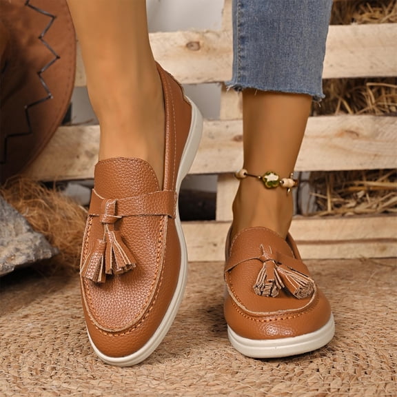 Women's Tassel Loafers Slip on Flat Shoes, Casual Comfort Solid Color Flats with Non Slip Outsole for Office Work and Daily Wear