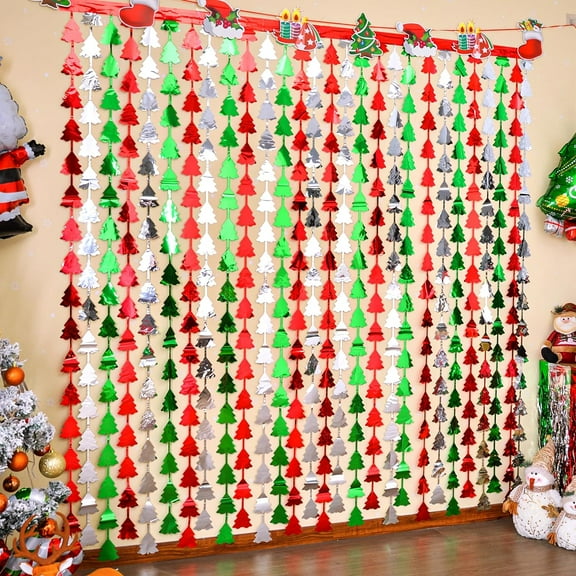 2 Pack  3.3 X 6.6 ft Christmas Foil Fringe Curtains Christmas Party Decorations Red Silver Green Tree Tinsel Photo Booth Props Backdrop Streamers for New Year and Ugly Sweater Party