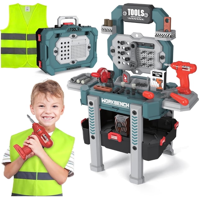 Ensemble d'Outils pour Tout-Petits - Jeu de Simulation Banc d'Outils pour Enfants Atelier - Kit DIY 83p avec Perceuse Électrique Réaliste Jouets de Construction pour Garçons Filles et Tout-Petits - Établi pour Âges 3, 4, 5 Autocollants Gilet (Vert)