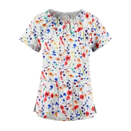 

Scrubs For Women Tops Printed Workwear Trendy Printed Short Sleeve Summer Crewneck Tunic Blouse With Pocket Nursing Uniforms For Women