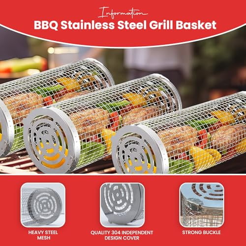 Rolling Grill Basket Stainless Steel, Barbeque Grill Basket with Removable Mesh Cover ,BBQ Accessories, Grill Baskets For Outdoor Grill, Great Rolling Grilling Basket, for Camping/