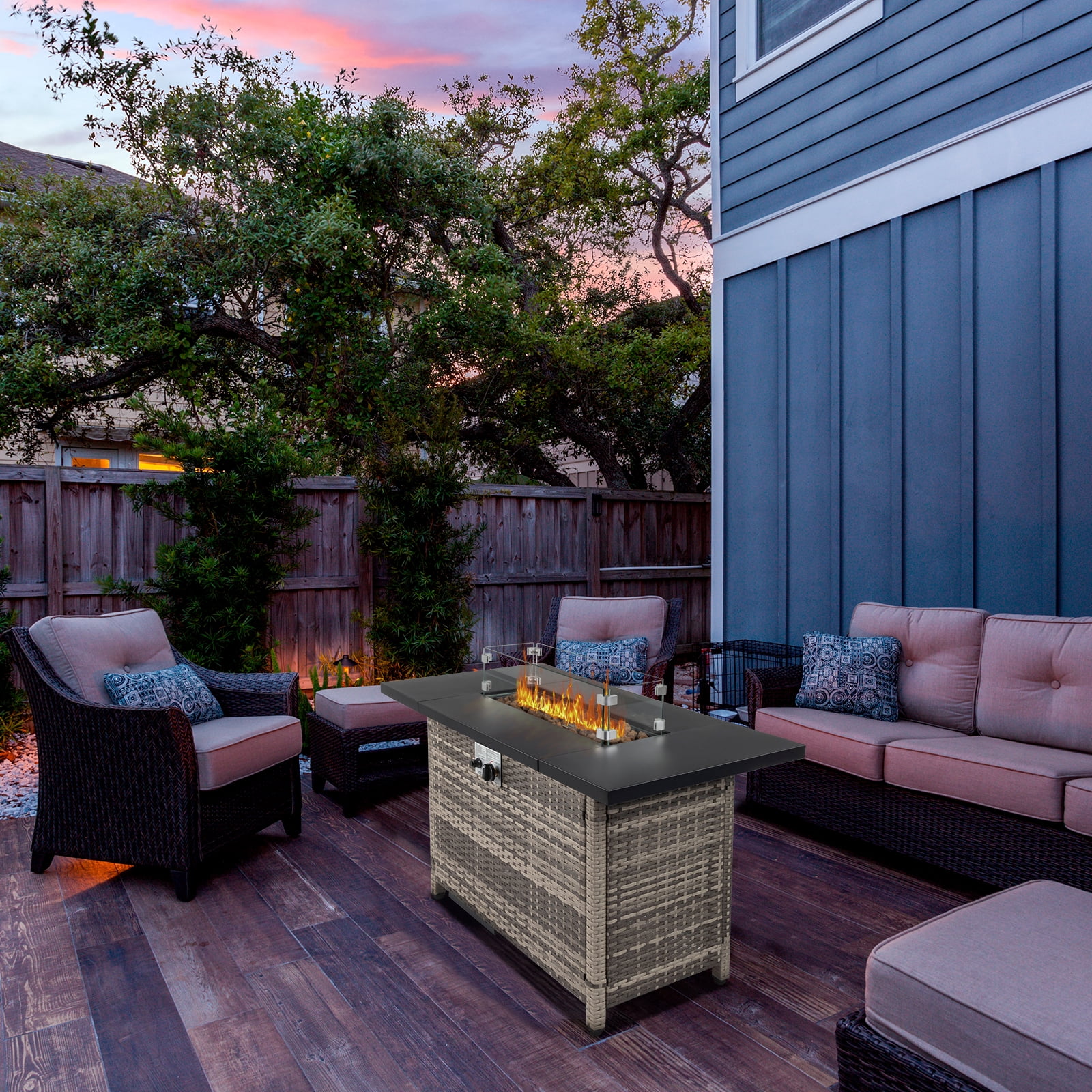 43" Propane Fire Pit with Wind Guard, 50,000 BTU Auto-Ignition Fire Pit Table, Gray Wicker Fire Pit with Glass Rock, Waterproof Cover and Steel Lid for Outside, Garden, Backyard