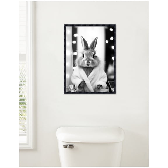 Kate and Laurel Bunny Glam Bathroom Art Towel Robe Black and White Framed Canvas Wall Art by The Creative Bunch Studio 18 x 24 Sylvie Beaded Black, Whimsical, Animals, Bathroom Art for Wall Decor,