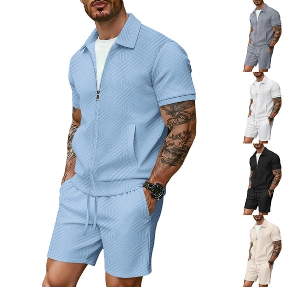 Afuyipoi Spring Shorts Sets Men, Lightweight Elastic Waist Casual Lapel Suit Sky Blue L