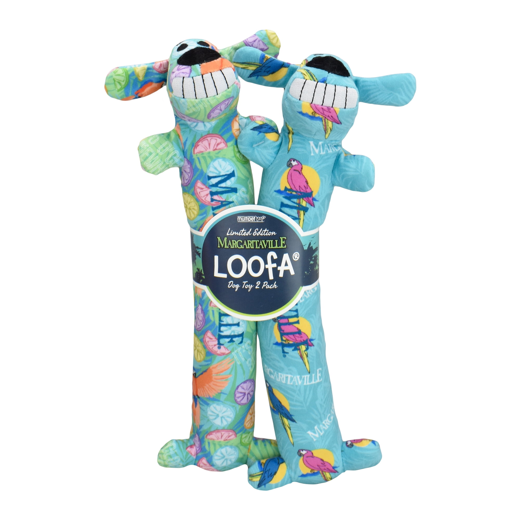 Multipet Margaritaville Summer Loofa Dog, Plush Dog Toy, 2 pack with Tropical Patterns