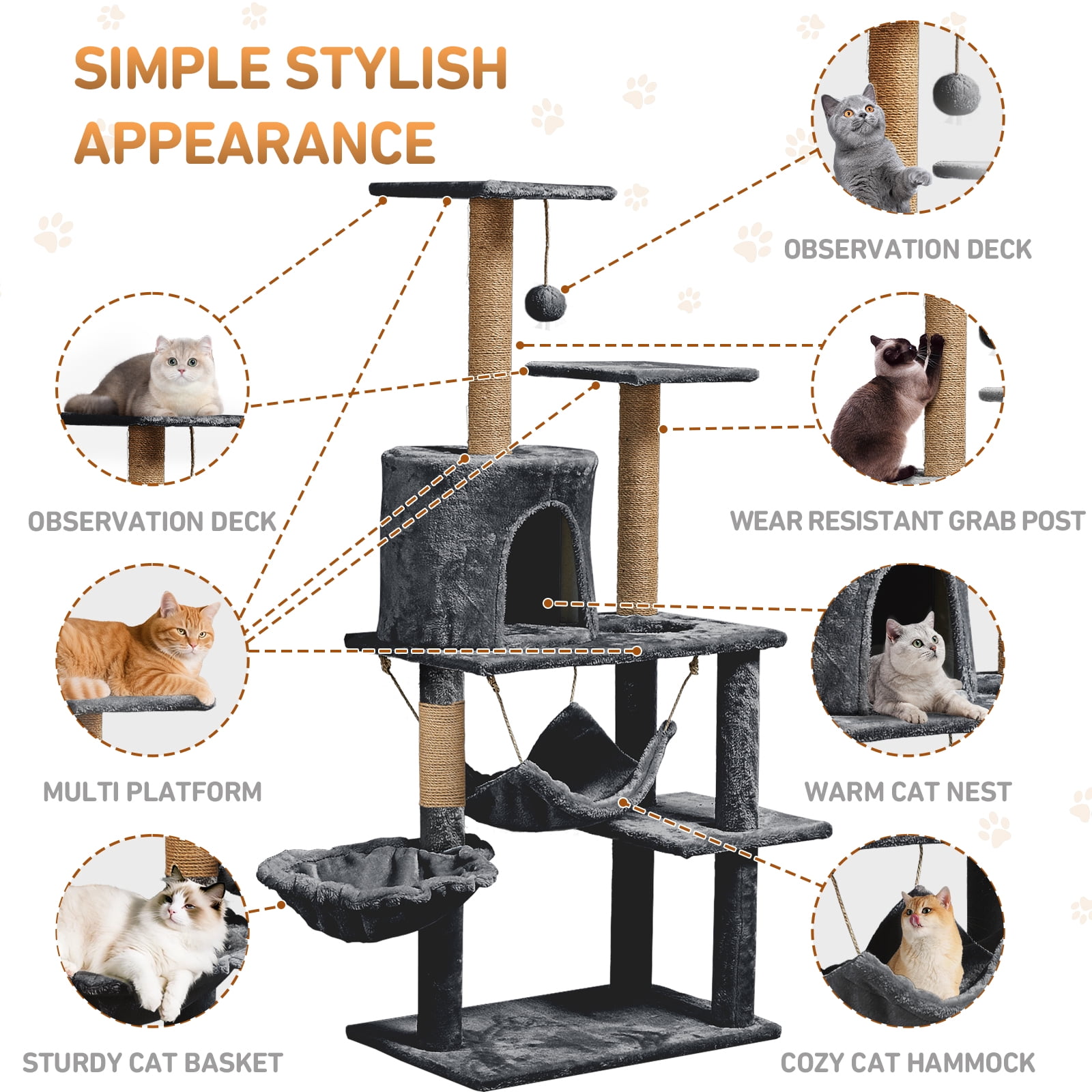 ZephyPaws 52in Large Cat Tree for Large Cat,Multi-level Cat Tower with Cat Scratching Post,Perch for Indoor Cat,Gray