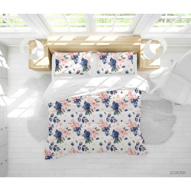 3D Dibujado a mano Rosa Rosa Azul Floral Funda de edredón Set Ropa de Cama Funda Nórdica