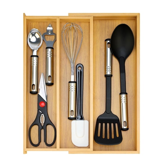 Bamboo Expandable Drawer Organizer - 3 Compartment Utensil Tray for Kitchen Silverware and Flatware Storage
