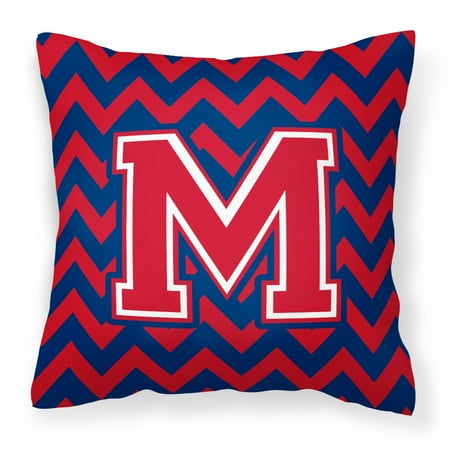 Letter M Chevron Yale Blue and Crimson Fabric Decorative Pillow