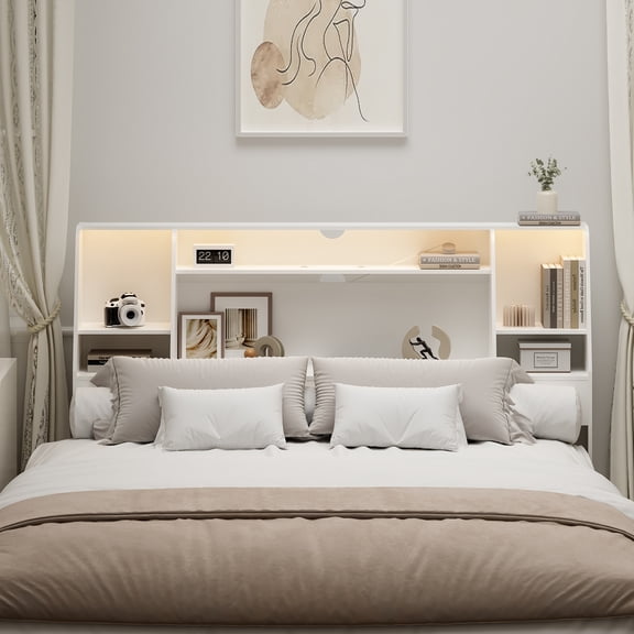 Someet Queen Headboard with Storage, Bookcase Headboards with 2 USB & 2 Type-C Port & Power Outlets & LED Light, Durable and Sturdy, White