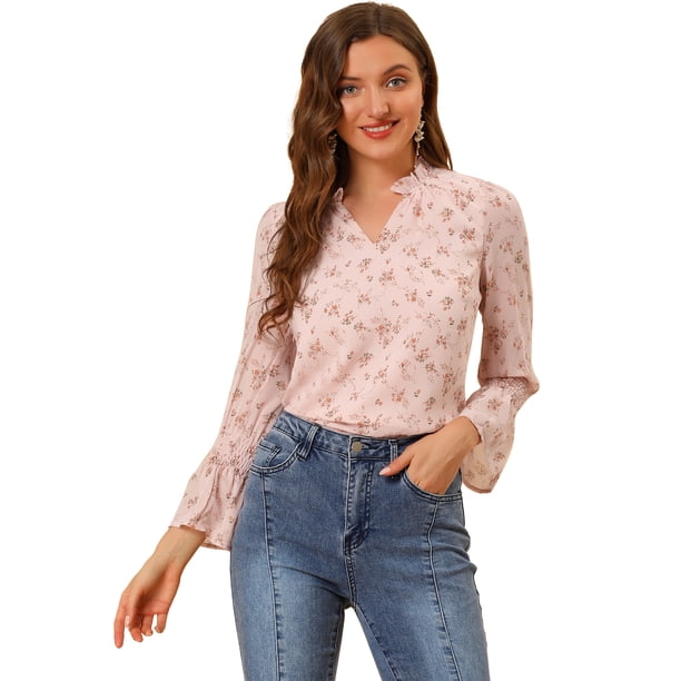 Blusa floral de gasa semitransparente con cuello volante y manga fruncida para mujer Rosa XL Unique Bargains Blusa