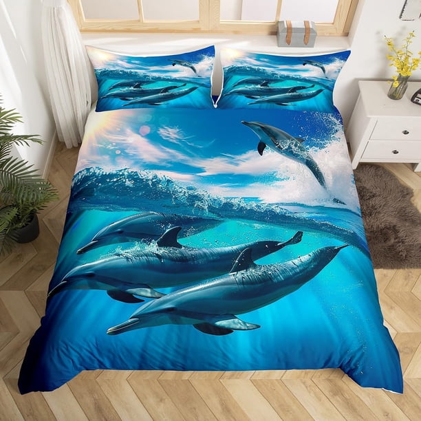 Funda Nórdica Queen para Niños Niñas Juego de Cama Delfín Saltarín Animales del Mar