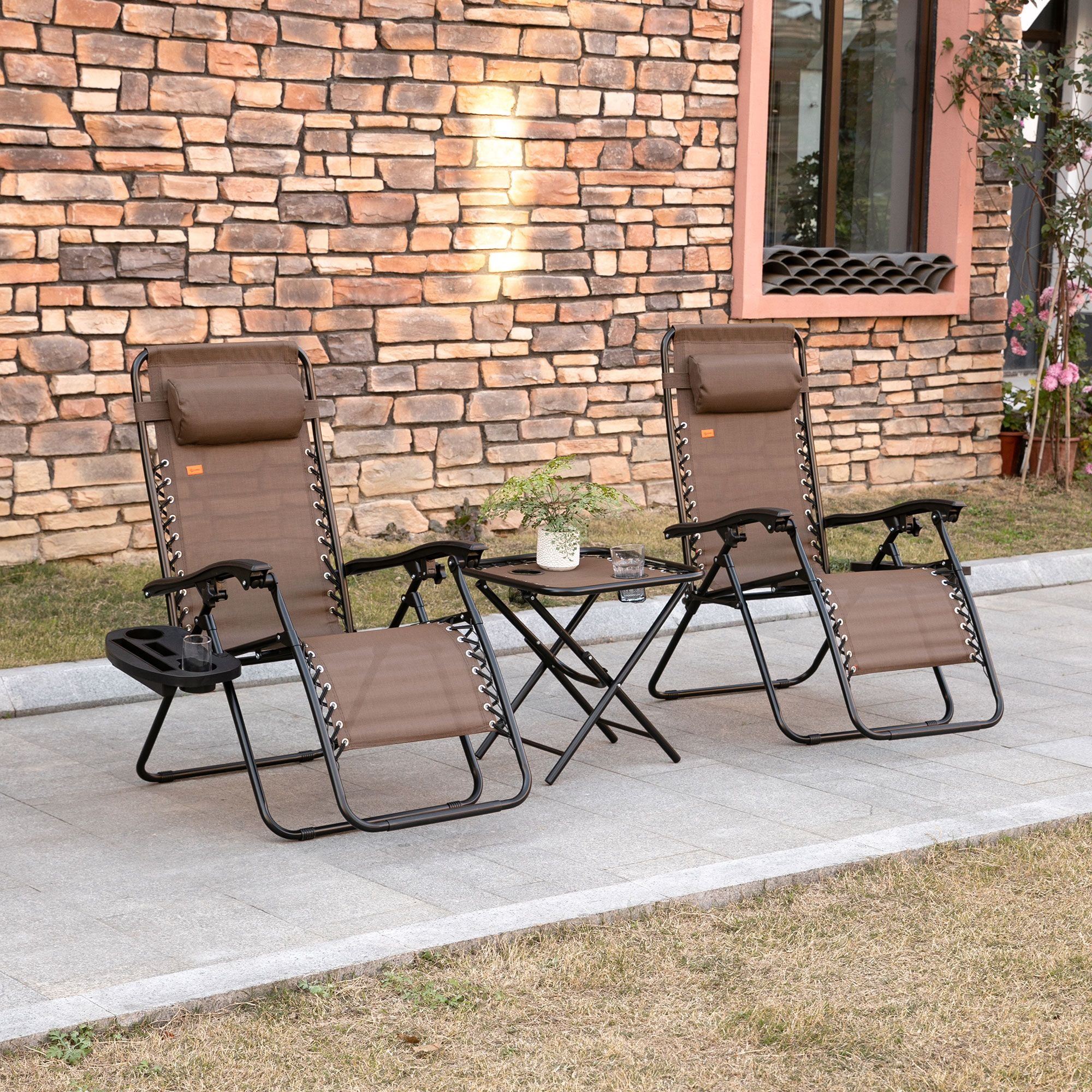 Zero Gravity Chair Set, 3 Piece Recliner with Side Table Cup Holder Headrest Brown Poolside Camping