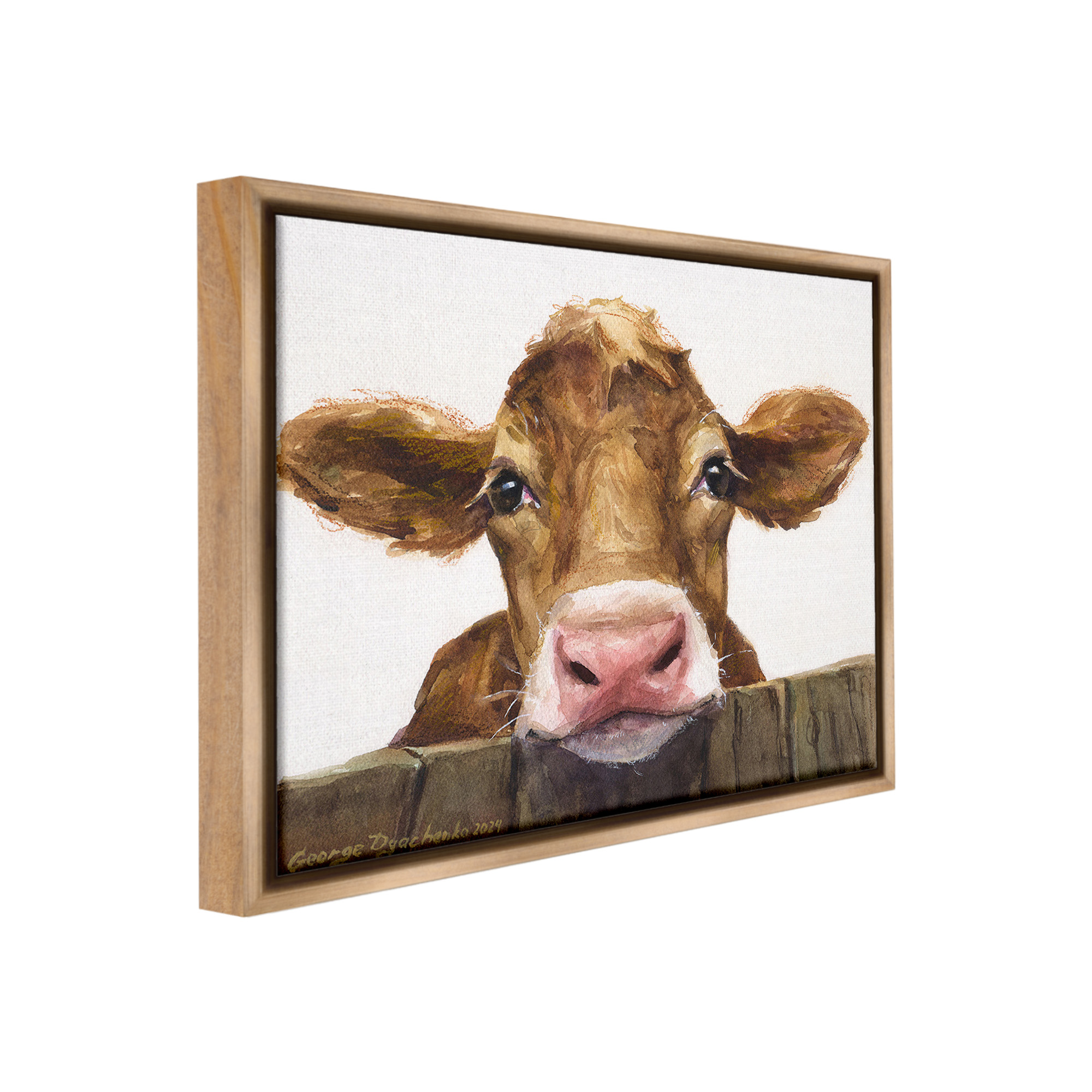 Stupell Industries Cow Resting on Fence Animals & Insects Painting Brown Floater Framed Canvas Art Print Wall Art, 21 x 17