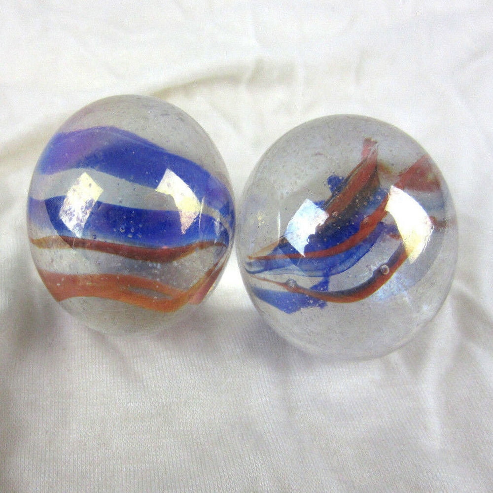 2 BOULDERS 35mm SEA TURTLE Marbles glass ball Clear Blue/Green LARGE HUGE Swirl 