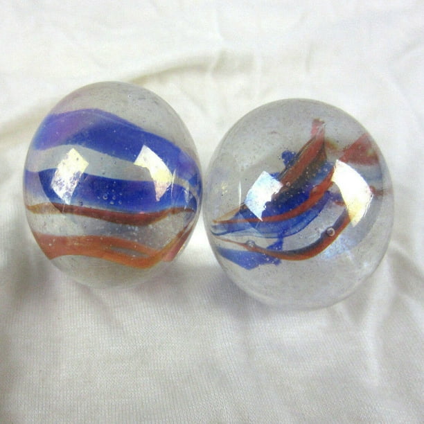 Set of 2 Fun FAIR 35mm Boulder Iridescent Clear/Red/Blue Swirl Large