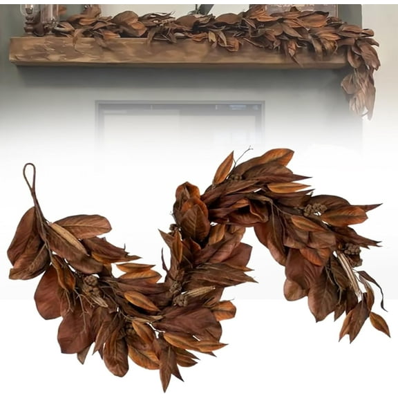 Guvpev Brown Magnolia Leaf Garland, Artificial Magnolia Leaf Garland, Uv Resistant, Waterproof, Windproof, 6FT Fall Garland for Fireplace Mantel, Christmas, Halloween, Thanksgiving Decorations