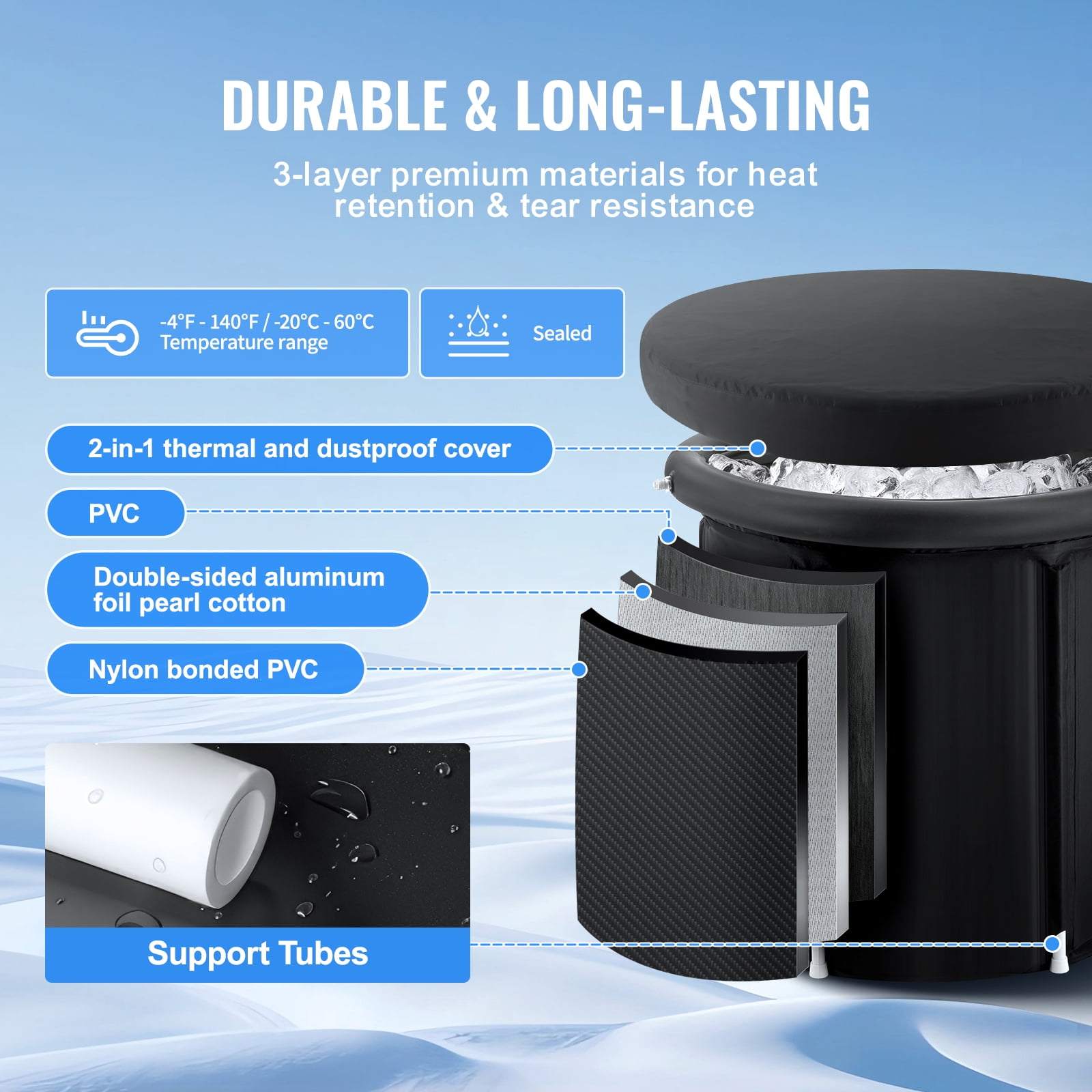 KFFKFF Cold Plunge Therapy Tub, Inflatable and Portable Ice Bath for Recovery, Ideal for Athletes, 77 Gal Outdoor Ice Pool with Cover, Adult Size, 32"Lx30"H