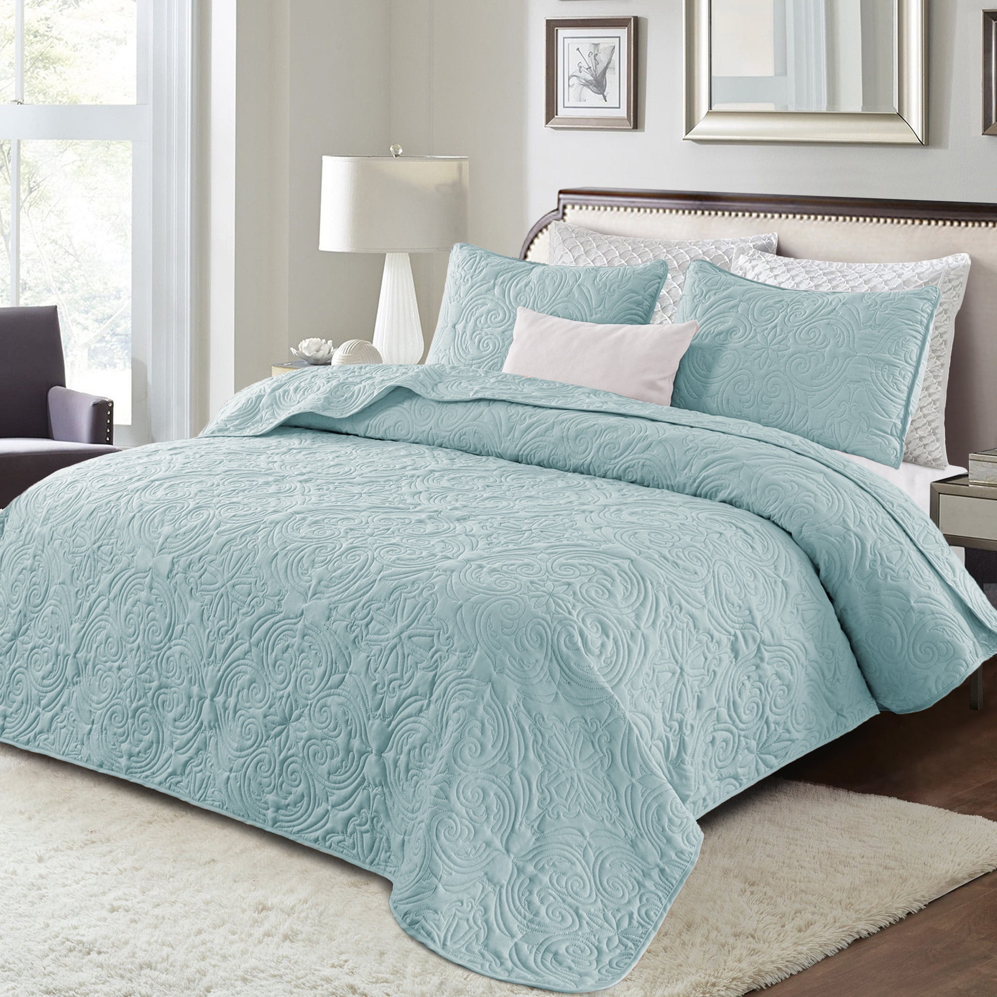 Exclusivo Mezcla Oversized King Quilt Bedding Set, Lightweight Vintage California Cal King Size Quilts with Pillow Shams, Soft Bedspreads Coverlets for All Seasons (112"x104", Aqua)