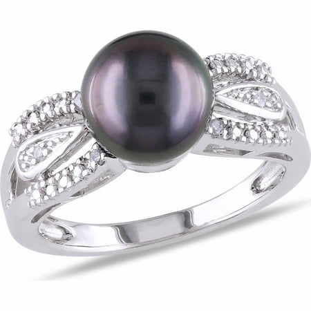 Black Tahitian Ring 9mm-9.5mm Black Round Tahitian Pearl and Diamond-Accent Sterling Silver Cocktail Ring ()