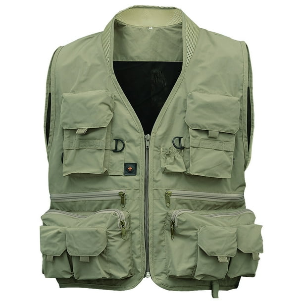 Men's Multi Pocket Fishing Vest Breathable Quick Dry Sleeveless Mesh Jacket  for Outdoor Sports Color:Army green Size:XXXL 