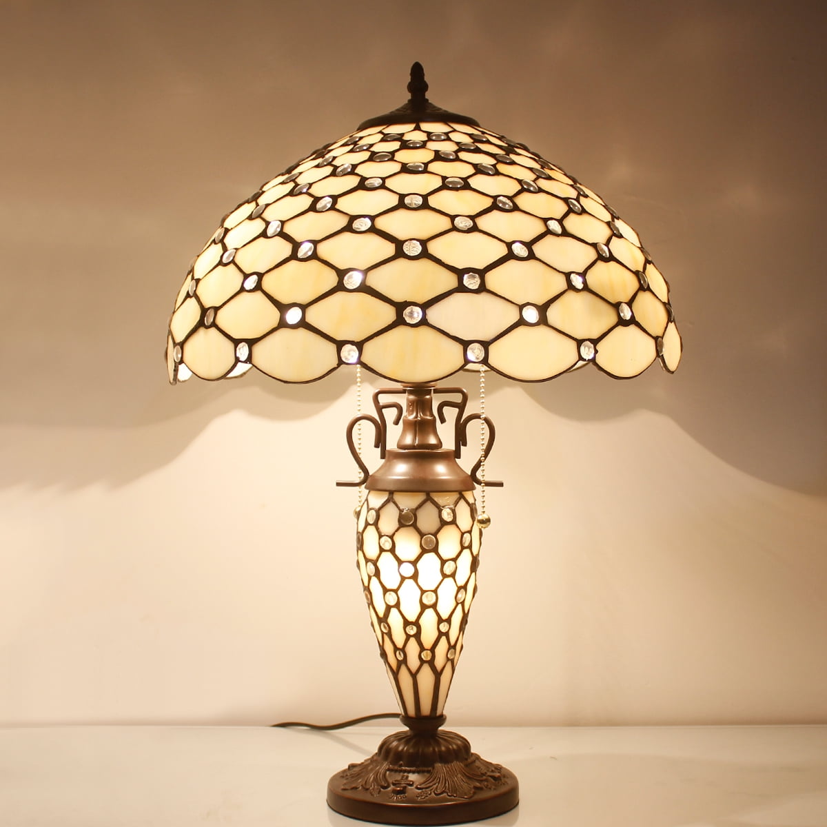 Tiffany Style Table Lamp W16H24 Inch Tall Stained Glass Crystal Pear Bead Lampshade Antique Night Light Base S005  LAMPS Lover Living Room Bedroom Office Study Reading Desk Nightstand Gifts