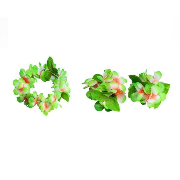unbranded 4Pcs/ Set Ruffled Simulated Silk Flower Hawaiian Leis Necklace Bracelets Flower Wreath Headband Floral Garland Crown Women Girls Headwear For Luau Party Supplies Favors (Upgrade Style Green)