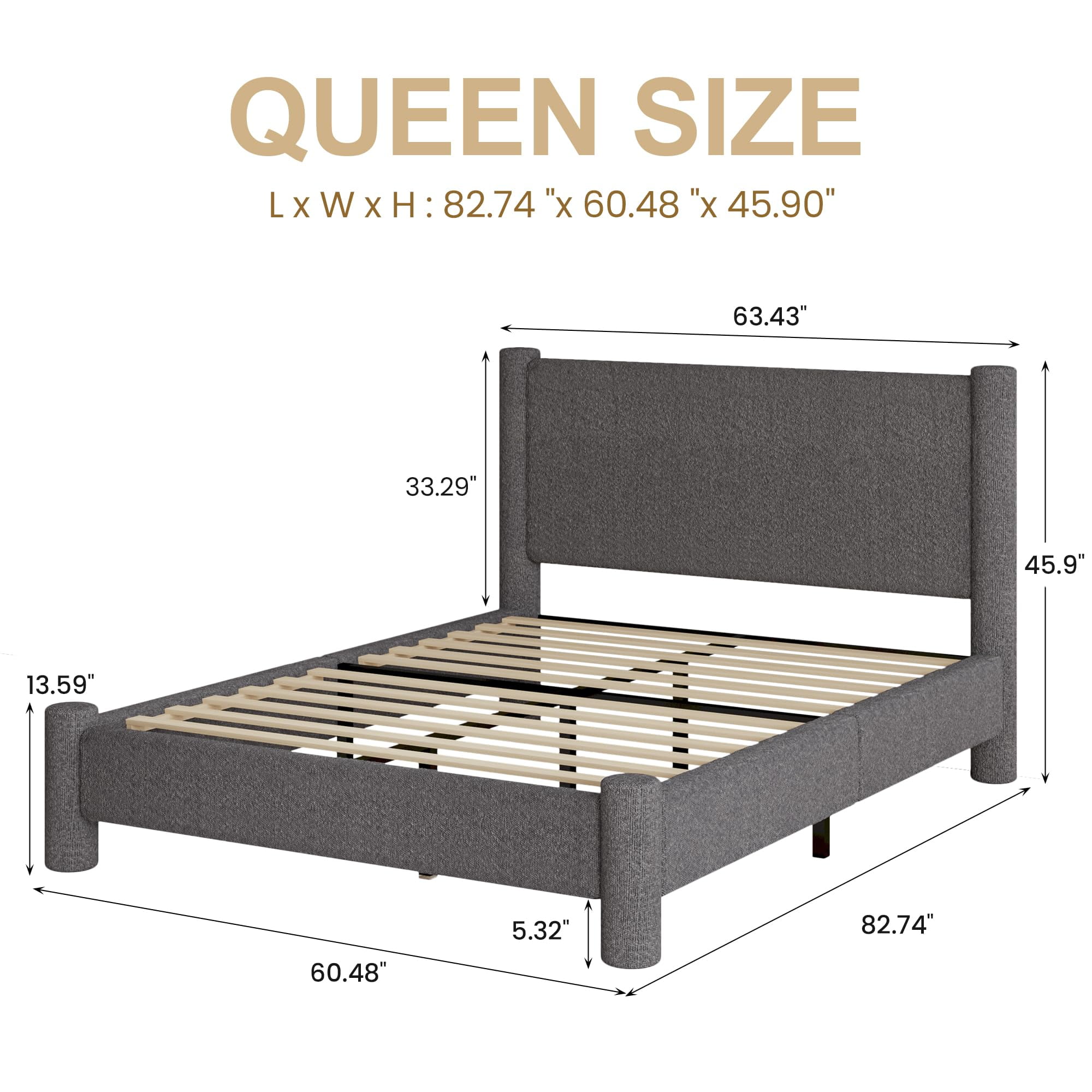 4 EVER WINNER Queen Bed Frame, Queen Size Bed Frame, Upholstered Queen Bed with Rounded Legs, Boucle Bed Frame with Headborad, Dark Grey
