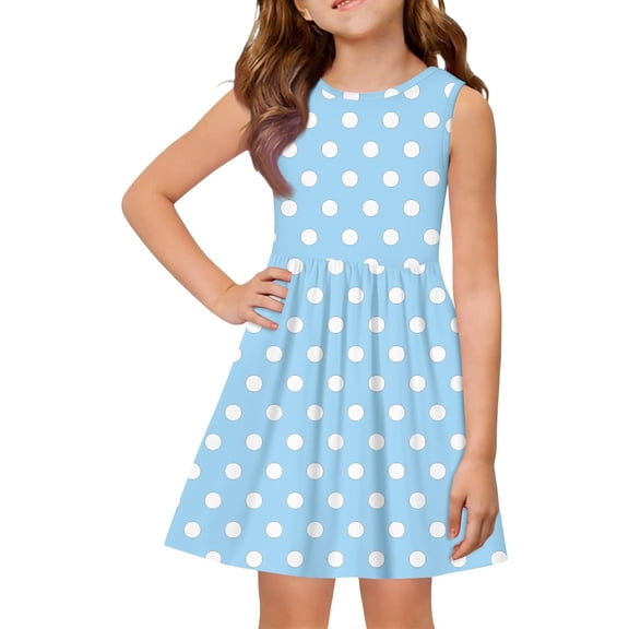 TIREOW Girls Summer Vest Dresses Cute Sleeveless Dress Polka Dot Printed Daily A Line Casual Beach Dresses