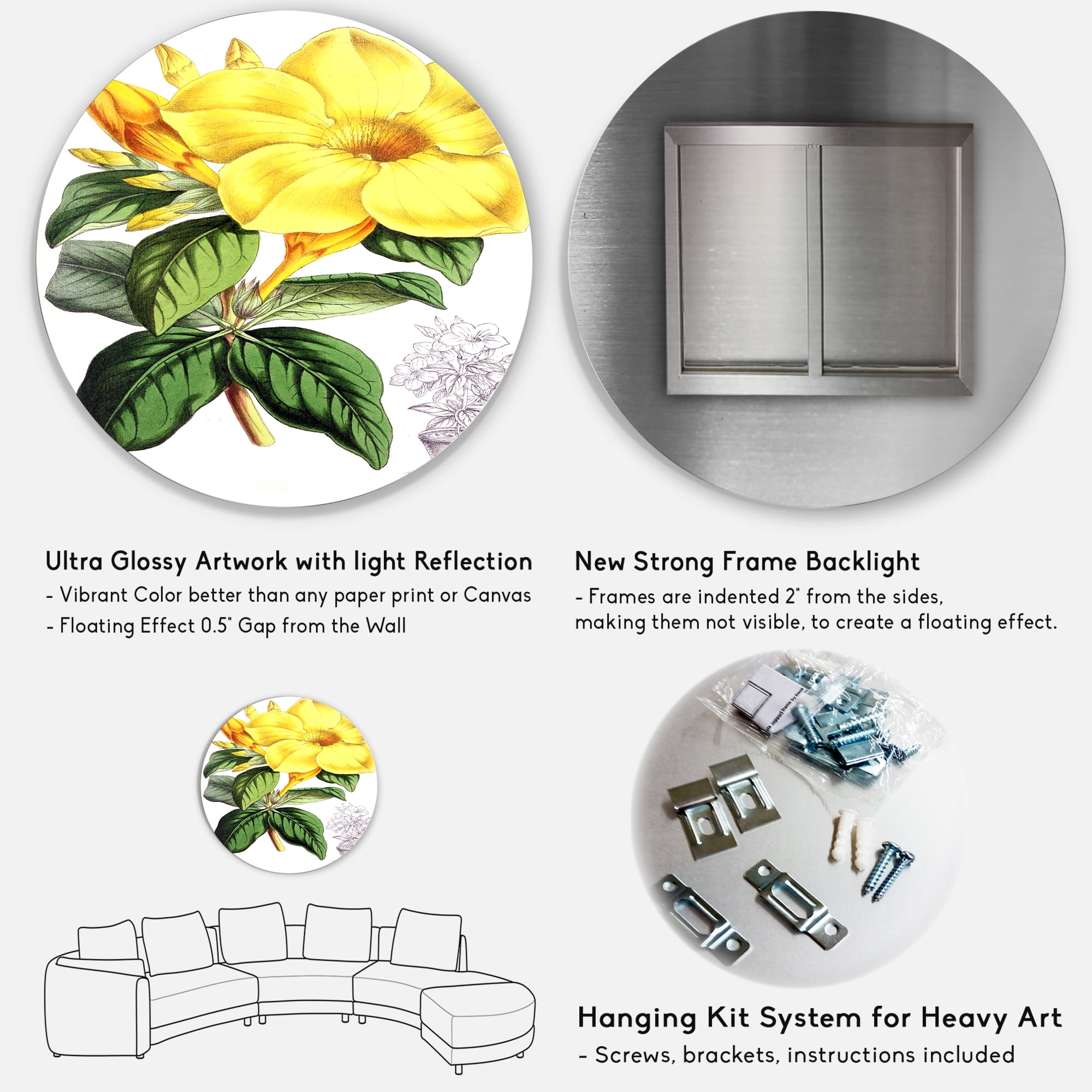 Designart 'Green Leaves With Tropical Yellow Flowers II' Traditional Circle Metal Wall Art 29x29 - Disc of 29