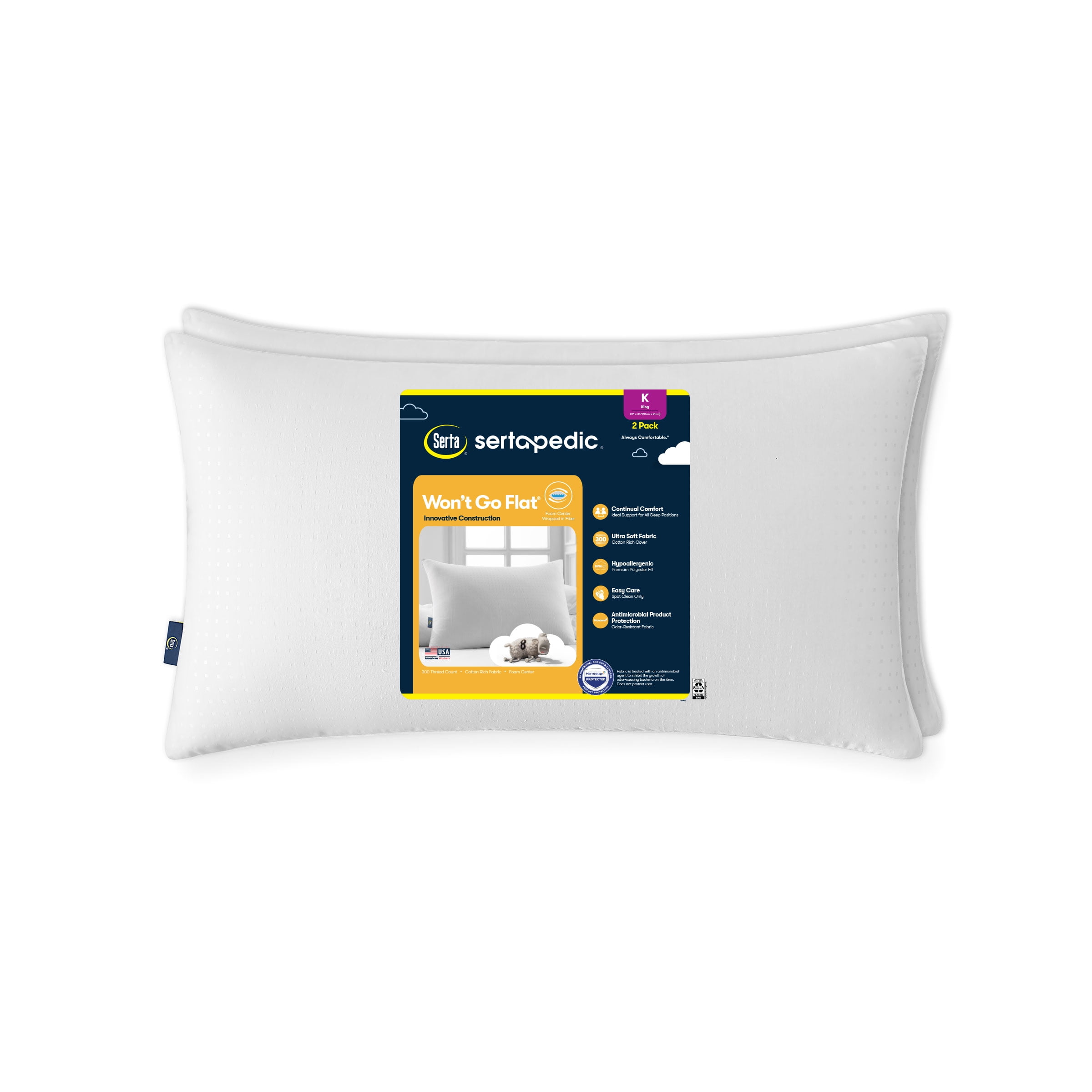Sertapedic Won't Go Flat Bed Pillow, King, 2 Pack