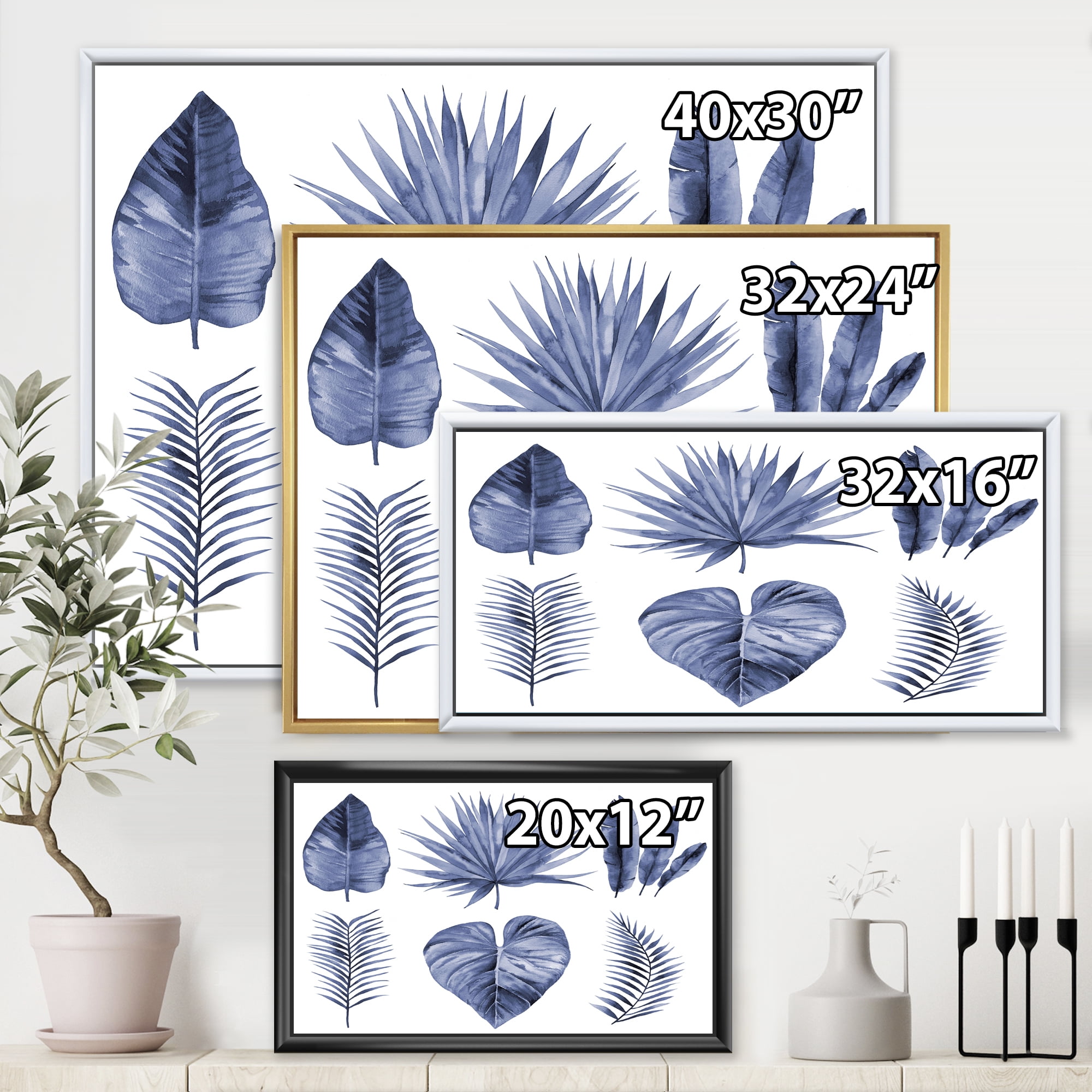 Designart 'Blue Watercolour Tropical Leaves IV' Traditional Framed Canvas Wall Art Print