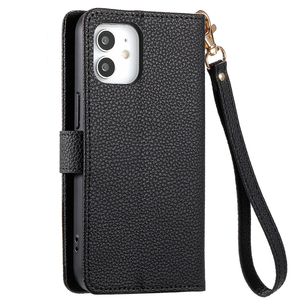 For iPhone 12 Pro Leather Phone Case Wallet Zipper Pocket Pouch Folio Flip Cover Kickstand, Multi Anti-theft Card Holder Cash Slot, Double Magnetic Buckle, Wrist Lanyard,Black,For iPhone 12 Pro