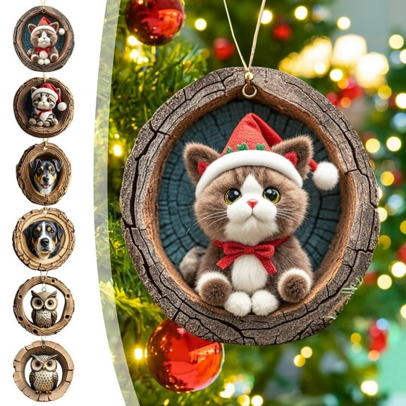 Animals Tree Hole Christmas Hanging Ornaments, 2D Christmas Tree Animals Print Acrylic Ornaments, Cute Dog Cats Owl Christmas Forest Animals Christmas Pendant Souvenir Gifts